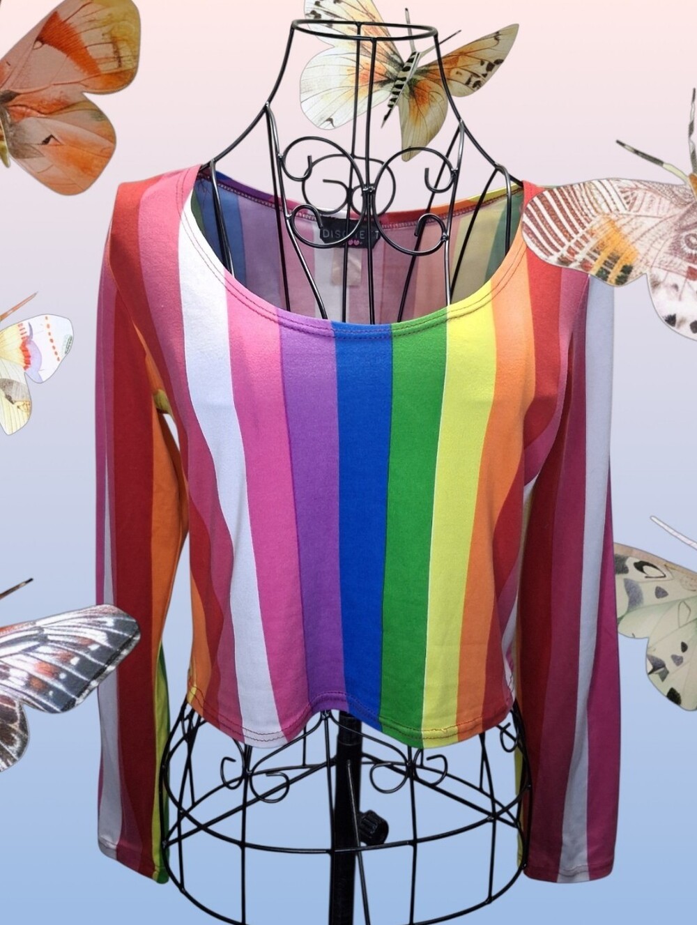Vintage 70s Rainbow Striped Long Sleeve Crop Top – Authentic Retro Size S